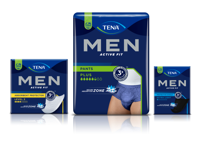 „TENA Men“ itin plonas įklotas „Protective Shield“, „TENA Men“ kelnaitės „Active Fit“ ir „TENA Men“ 2 lygio apsauga „Absorbent Protector Level 2“ „TENA Men“ itin plonas įklotas „Protective Shield“, „TENA Men“ kelnaitės „Active Fit“ ir „TENA Men“ 2 lygio apsauga „Absorbent Protector Level 2“
